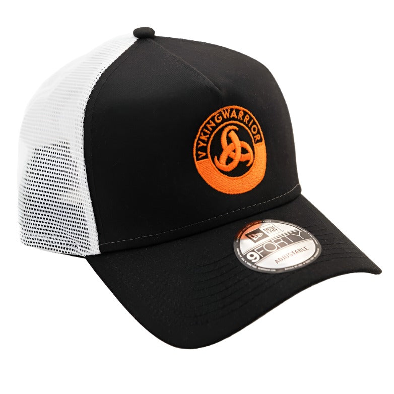 Men's hip hop trucker cap with mesh back and adjustable snap closure, bold Vyking Warrior logo on the front.