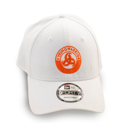 All-white unisex baseball cap with a curved sun visor and an orange Vyking Warrior logo, adjustable strap for a comfortable fit, ideal for casual wear and outdoor activities.