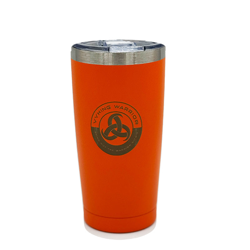 orange stainless steel coffee tumbler with a spill-proof lid, perfect for hot and cold beverages on the go.