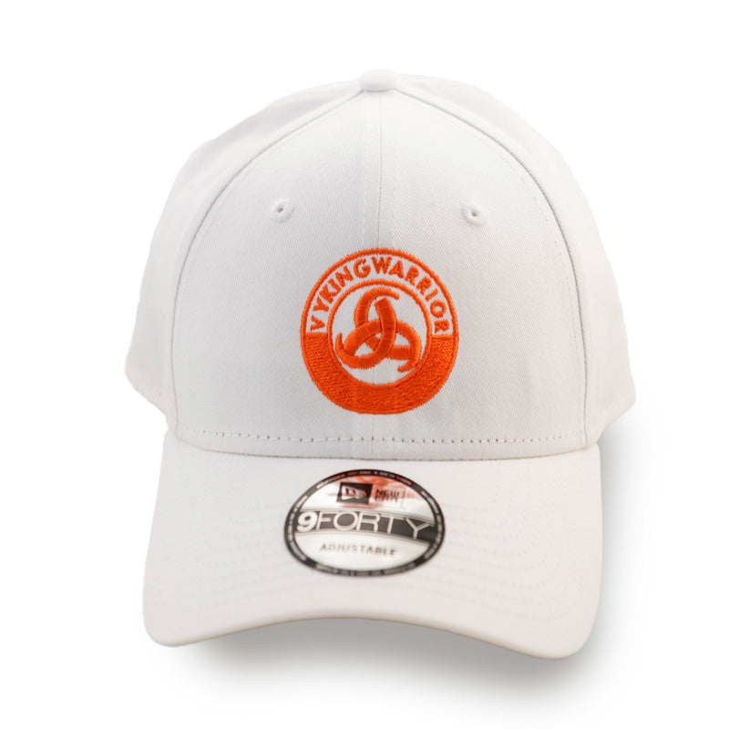 All-white unisex baseball cap with a curved sun visor and an orange Vyking Warrior logo, adjustable strap for a comfortable fit, ideal for casual wear and outdoor activities.