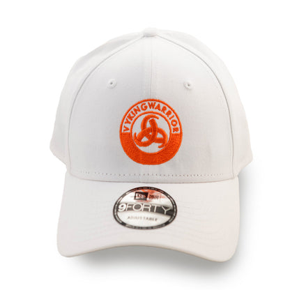 All-white unisex baseball cap with a curved sun visor and an orange Vyking Warrior logo, adjustable strap for a comfortable fit, ideal for casual wear and outdoor activities.