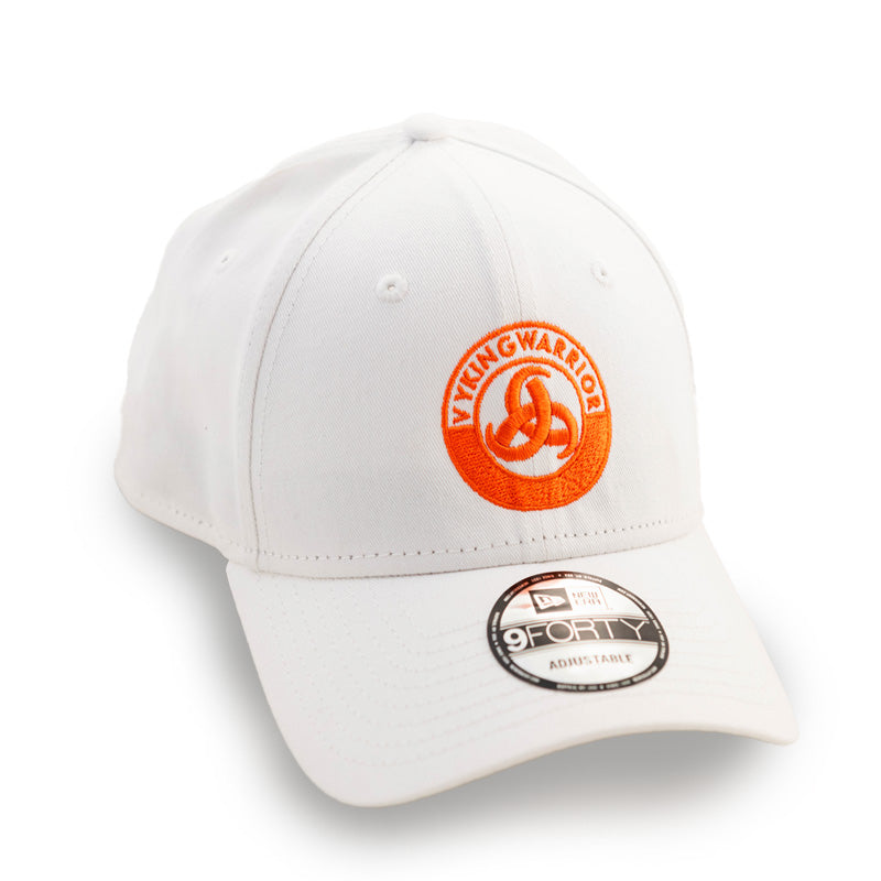 All-white unisex baseball cap with a curved sun visor and an orange Vyking Warrior logo, adjustable strap for a comfortable fit, ideal for casual wear and outdoor activities.