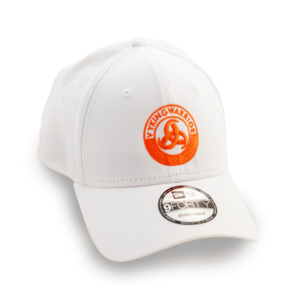 All-white unisex baseball cap with a curved sun visor and an orange Vyking Warrior logo, adjustable strap for a comfortable fit, ideal for casual wear and outdoor activities.