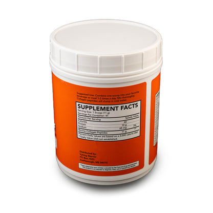 Collagen powder supplement packaged in a bottle with a screw-on lid, promotes skin, hair, and joint health, unflavored for easy mixing.