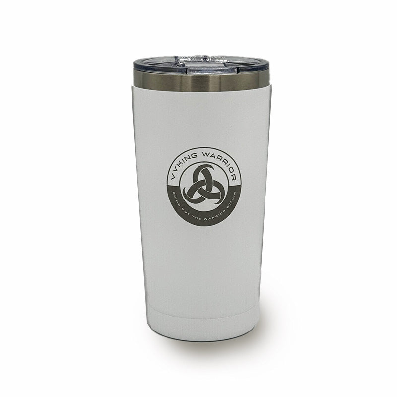 white stainless steel coffee tumbler with a spill-proof lid, perfect for hot and cold beverages on the go.